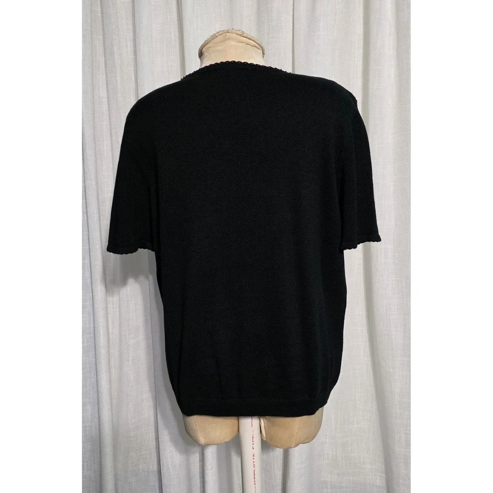 Alfred Dunner Womens Black Floral‎ Embroidered Beaded Knit Sweater Top Large